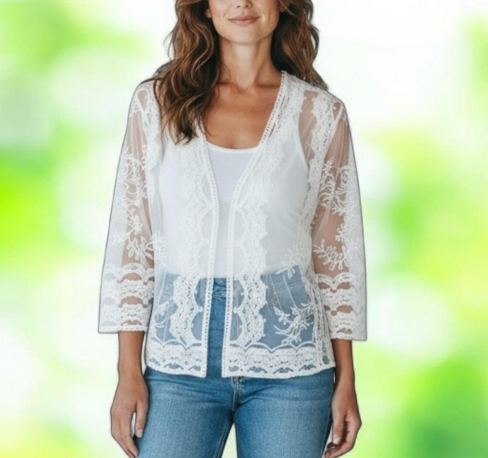 NINA LEONARD Lace Kimono Sheer Embroidered Open Front Romantic White Womens M